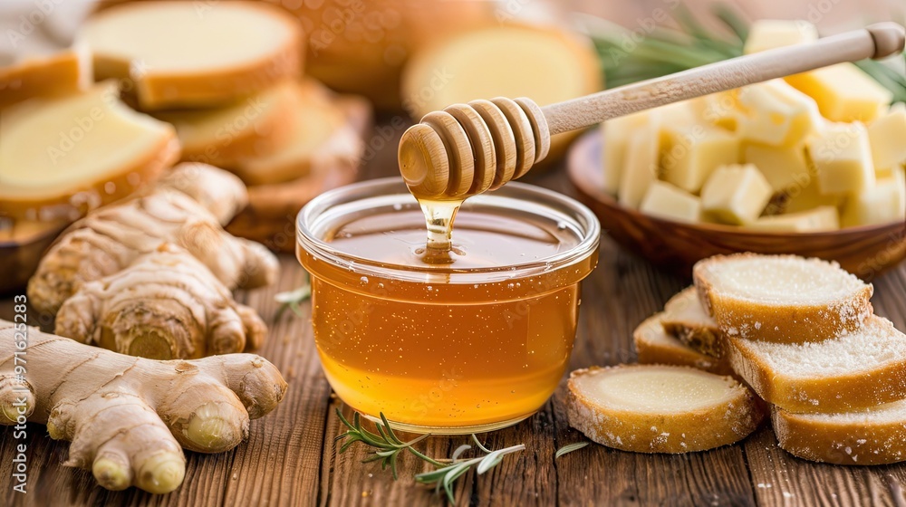 ginger and honey on a wooden table ginger and honey on a wooden table