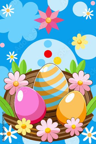 Colorful Easter Eggs in Nest with Floral Accents, Whimsical Spring Design