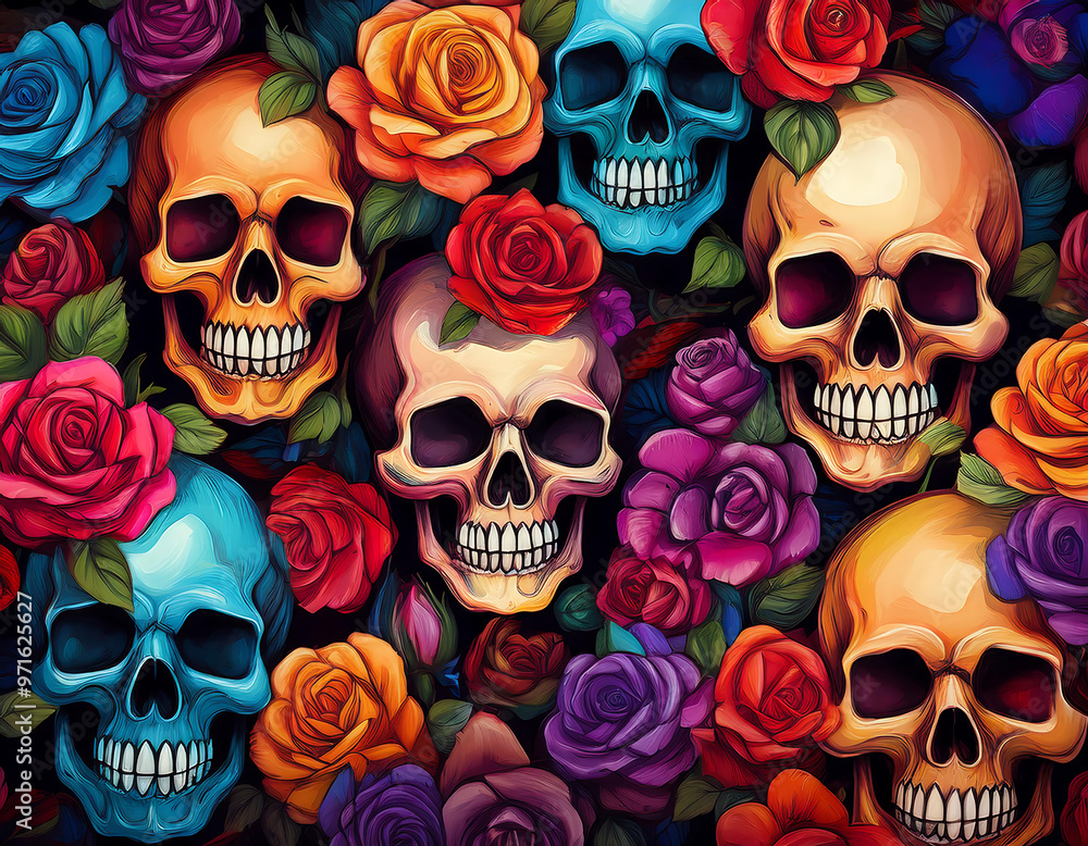 Colorful skulls and roses pattern, creating a vibrant and festive Halloween design. _1(179) Colorful skulls and roses pattern, creating a vibrant and festive Halloween design. _1(179)