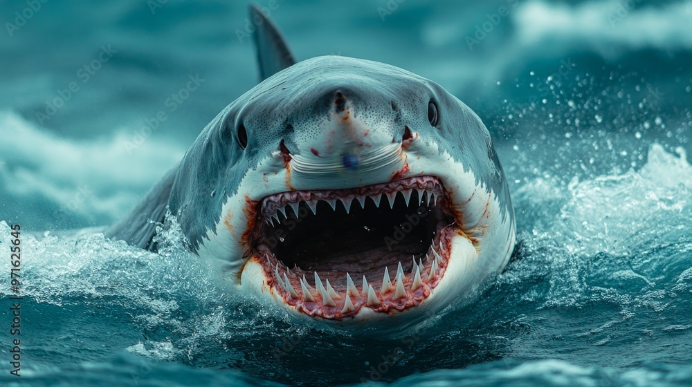 Fototapeta premium Jaws. A large, ferocious shark emerges powerfully from tumultuous ocean waves.