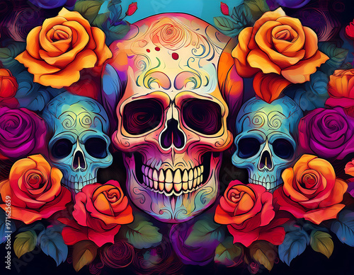  Colorful skulls and roses pattern, creating a vibrant and festive Halloween design._1(178)