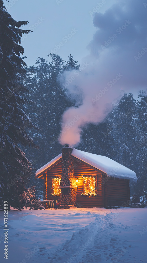 A cozy winter cabin with twinkling Christmas lights and smoke rising from chimney A cozy winter cabin with twinkling Christmas lights and smoke rising from chimney