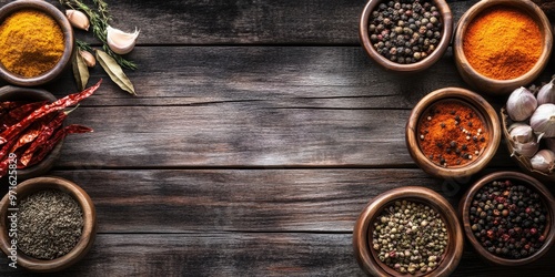 food photo of various spices in wooden bowls on the right and left of the frame on a dark wooden background in the middle there is space for text