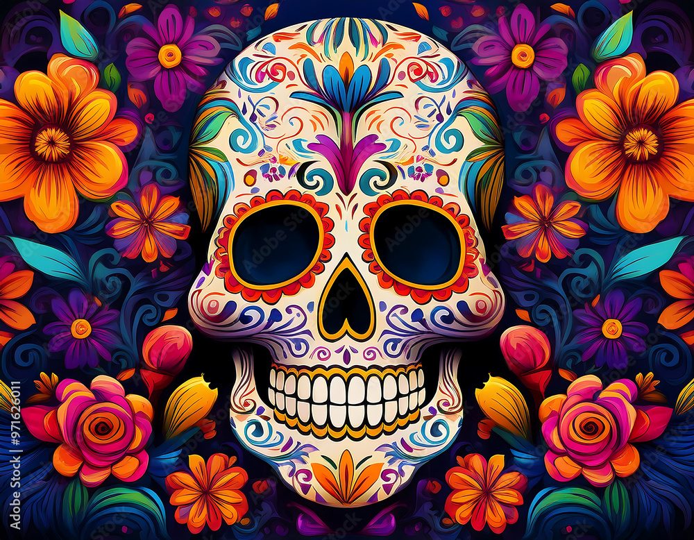 Colorful sugar skull pattern with flowers, capturing the vibrancy of Día de los Muertos cel_1(181) Colorful sugar skull pattern with flowers, capturing the vibrancy of Día de los Muertos cel_1(181)