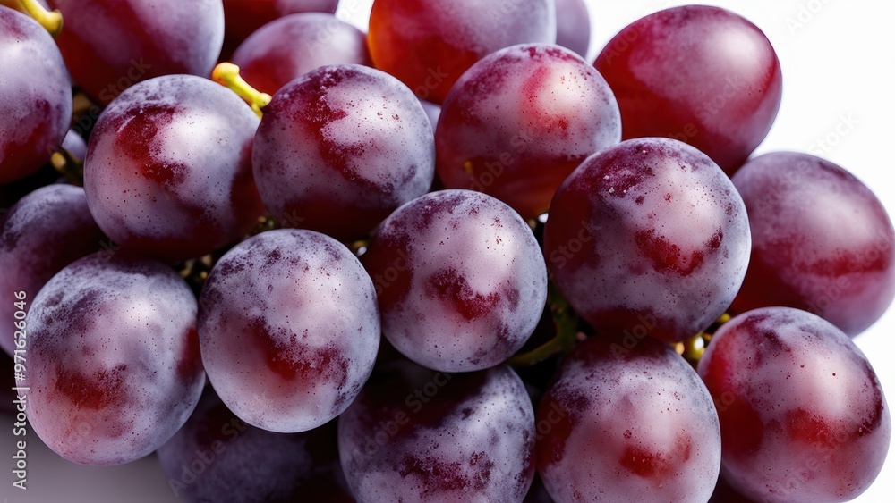 A close-up of fresh, plump red grapes on a white background. A close-up of fresh, plump red grapes on a white background.