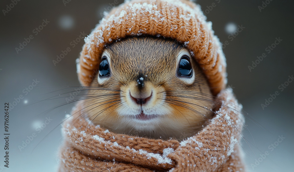 Naklejka premium A small squirrel wearing a brown hat and a scarf. The squirrel is looking at the camera with a curious expression