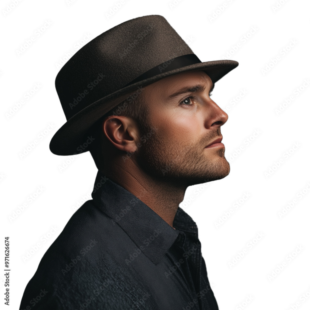 Profile portrait of a man in a fedora hat with a contemplative expression, looking up Profile portrait of a man in a fedora hat with a contemplative expression, looking up