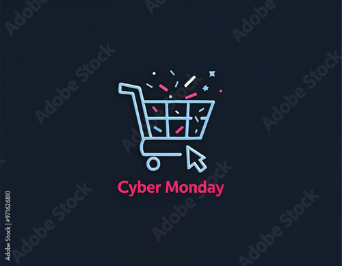 a black screen with a logo for cyber monday and a shopping cart with a mouse cursor icon on it