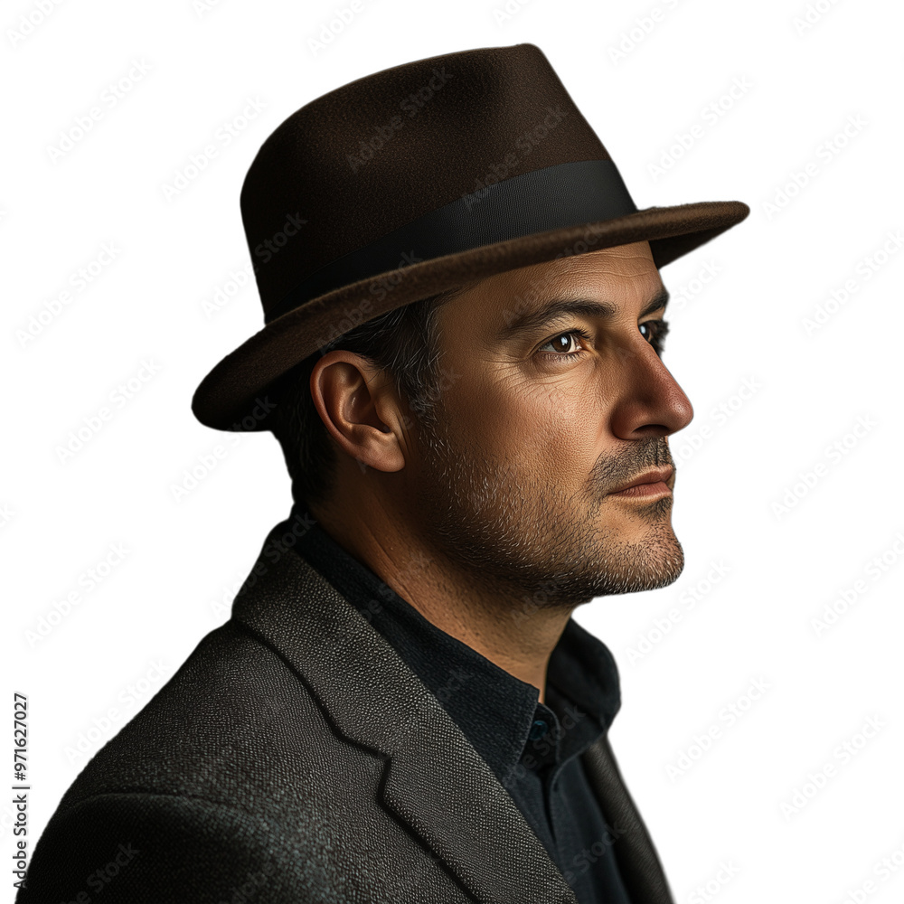 Close-up portrait of a man in a brown hat and jacket, looking serious Close-up portrait of a man in a brown hat and jacket, looking serious