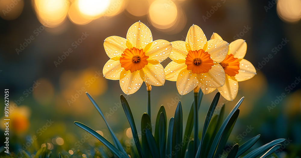 Two yellow flowers with orange centers are in a field. The flowers are wet and the sun is shining on them Two yellow flowers with orange centers are in a field. The flowers are wet and the sun is shining on them