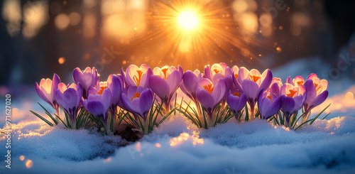 A field of purple flowers with the sun shining on them