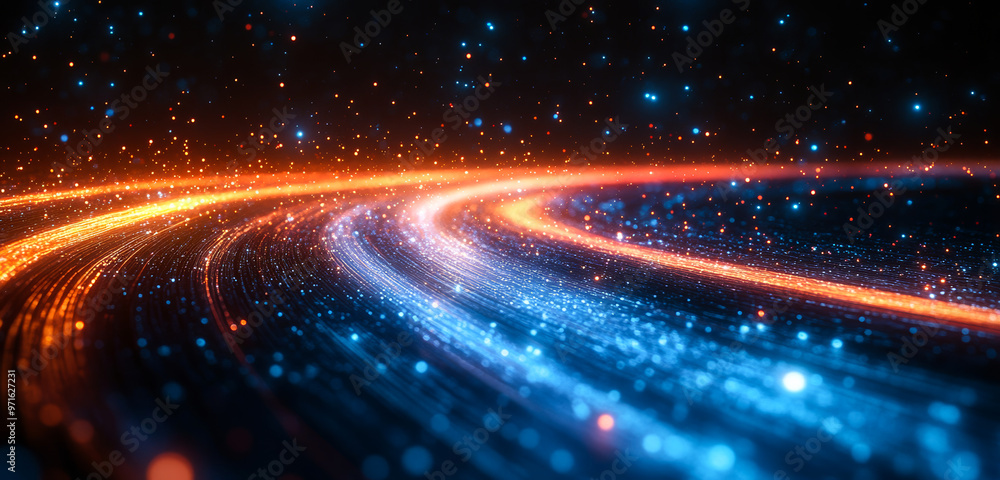 Fototapeta premium A bright blue and orange line of light with many small dots. The line of light is moving and he is in motion