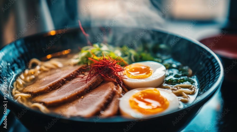 Fototapeta premium A steaming bowl of ramen with sliced meat, soft-boiled eggs, and garnishes.