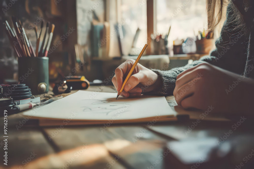 custom made wallpaper toronto digitalClose-up of an artist sketching on paper in a creative workspace