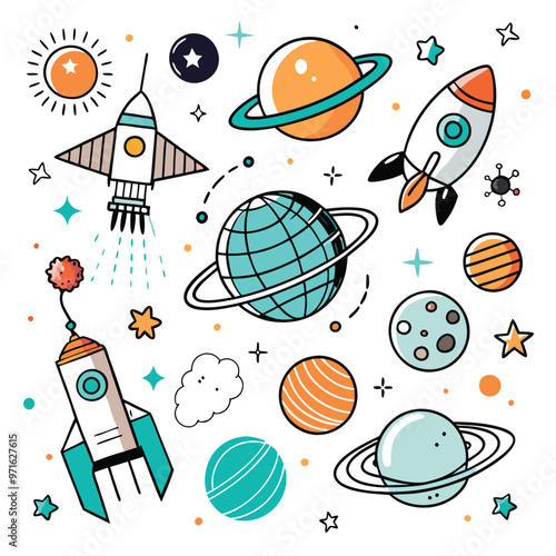 Colorful Outer Space Planets and Spaceships in a Starry Galaxy 