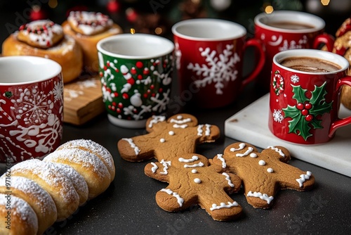 A kitchen filled with Christmas bakingâ€”gingerbread men, sugar cookies, and cinnamon rolls cooling on the counter, with festive holiday mugs ready for cocoa photo