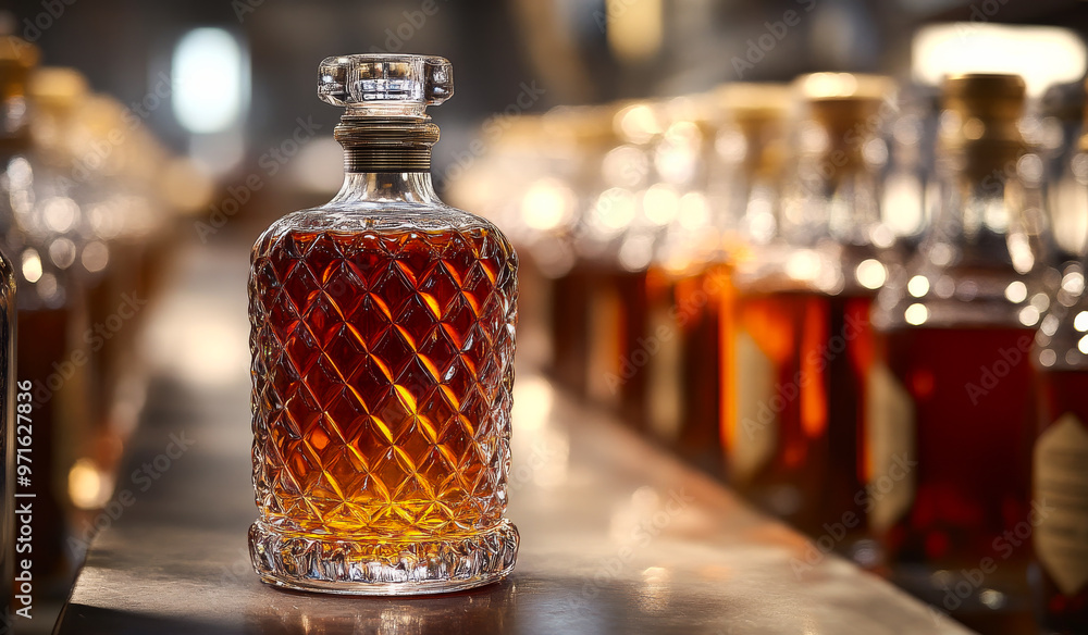 A bottle of liquor is on a table next to many other bottles. The bottle is clear and has a diamond pattern on it A bottle of liquor is on a table next to many other bottles. The bottle is clear and has a diamond pattern on it