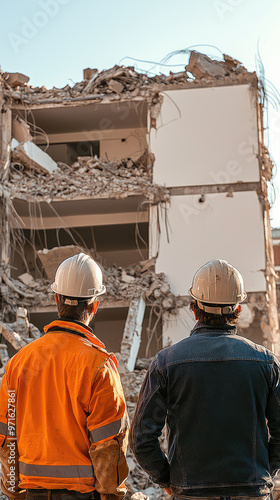 Workers in hard hats observing demolition site with debris and destruction