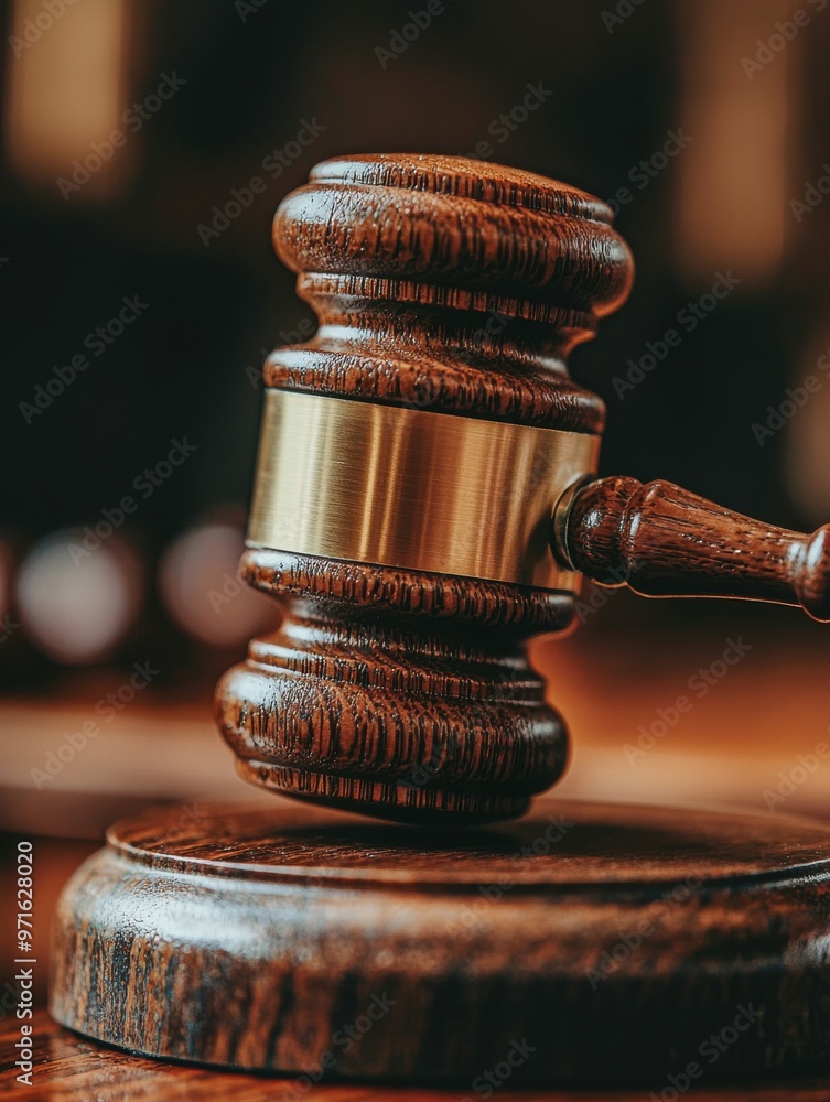 wooden gavel resting on a sound block, symbolizing justice and legal authority in a courtroom setting. wooden gavel resting on a sound block, symbolizing justice and legal authority in a courtroom setting.
