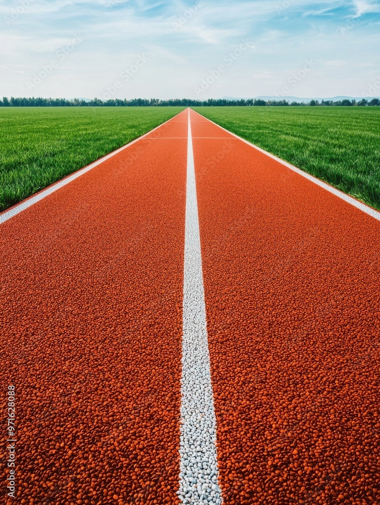 A vibrant red running track stretches into the distance, bordered by lush green fields under a bright blue sky. A vibrant red running track stretches into the distance, bordered by lush green fields under a bright blue sky.