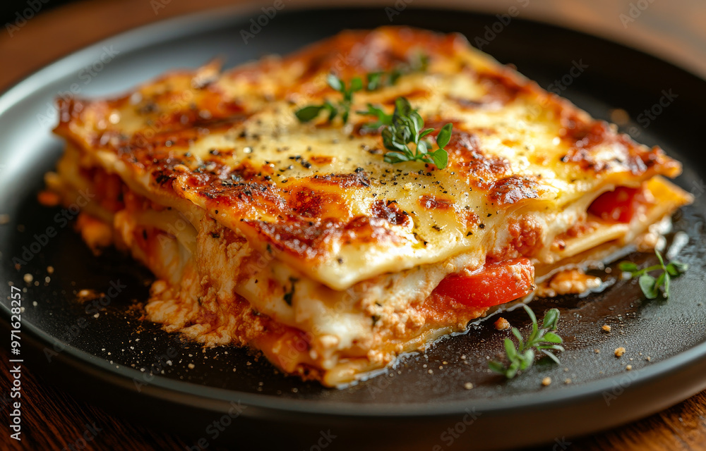 A large lasagna with cheese and herbs on top. The dish is served on a black plate A large lasagna with cheese and herbs on top. The dish is served on a black plate