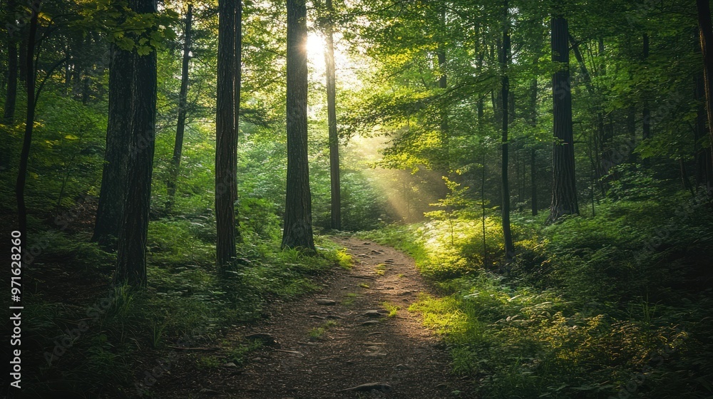 Obraz premium Sunbeams Through a Forest Path