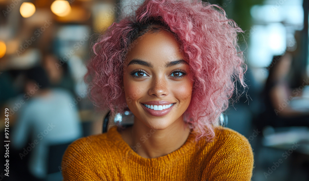 A woman with pink hair is smiling at the camera. She is wearing a yellow sweater and is sitting at a table in a restaurant A woman with pink hair is smiling at the camera. She is wearing a yellow sweater and is sitting at a table in a restaurant