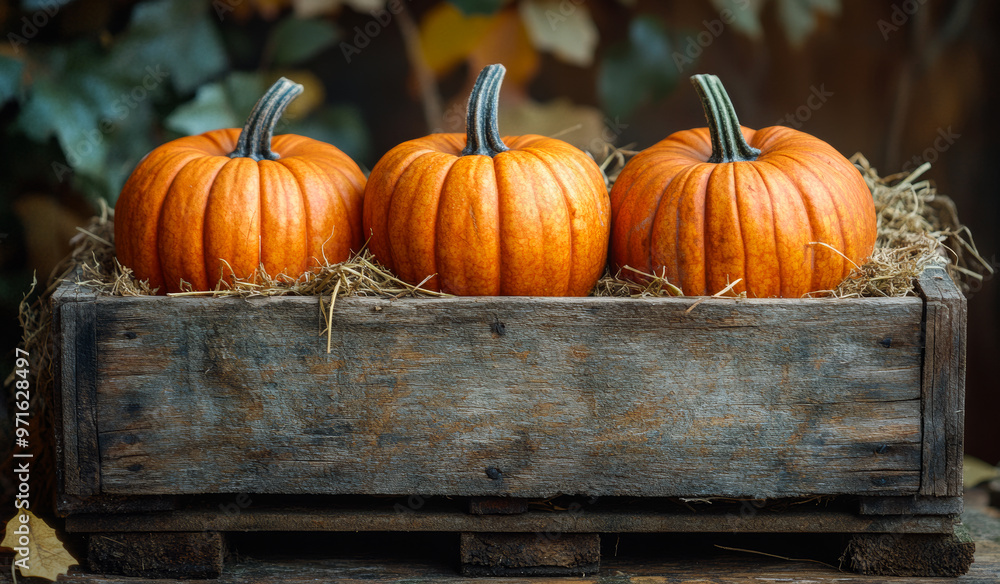 Three pumpkins are sitting in a wooden crate. The crate is covered in hay and the pumpkins are orange Three pumpkins are sitting in a wooden crate. The crate is covered in hay and the pumpkins are orange