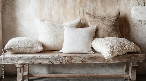   A wood bench with pillows on top, facing a brick wall photo