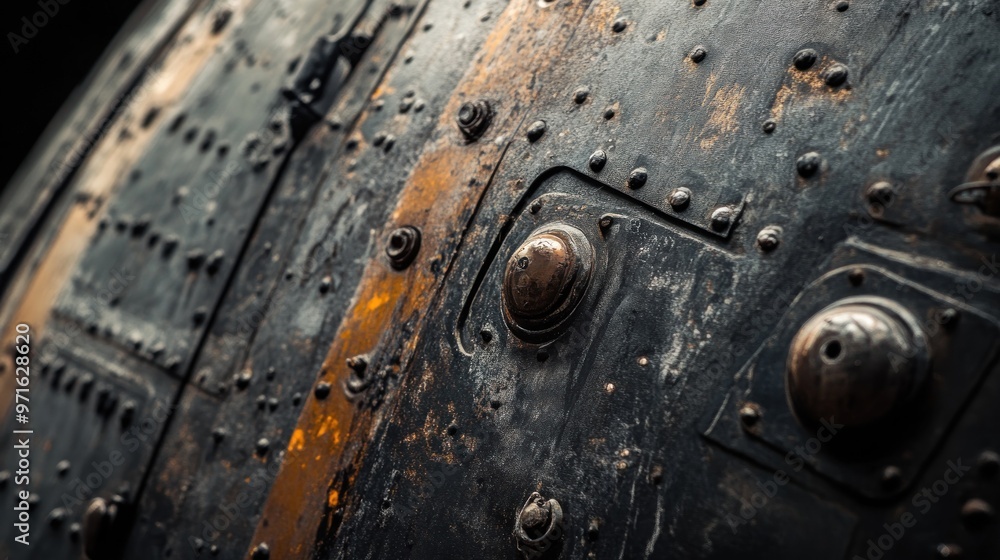 Close-up of a weathered metal surface with rivets and bolts, showcasing industrial design. Close-up of a weathered metal surface with rivets and bolts, showcasing industrial design.