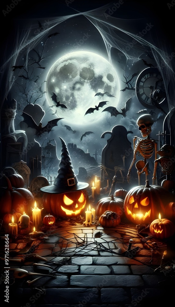 Spooky Halloween Night in a Graveyard with Jack-o'-Lanterns and a Skeleton Spooky Halloween Night in a Graveyard with Jack-o'-Lanterns and a Skeleton