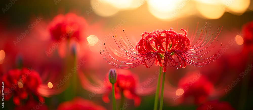 Obraz premium A close up of a red flower with a blurry background. The flower is surrounded by other red flowers, creating a vibrant and colorful scene. Concept of beauty and tranquility