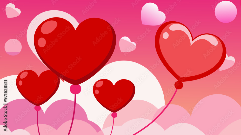 Heart Balloons in Pink Sunset Sky, Valentine’s Day Romantic Design Heart Balloons in Pink Sunset Sky, Valentine’s Day Romantic Design