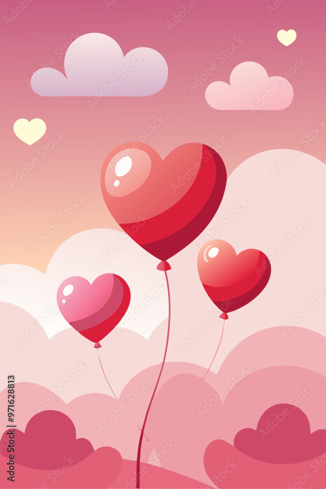 Heart Balloons Rising in Pink Sky, Romantic Valentine’s Day Illustration Heart Balloons Rising in Pink Sky, Romantic Valentine’s Day Illustration