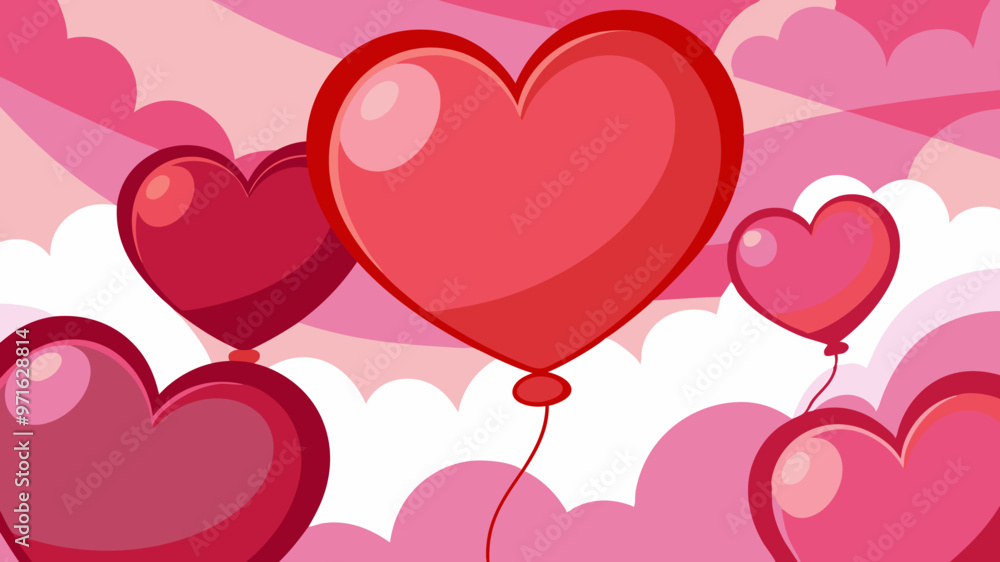 Heart Balloons in Pink Cloudy Sky, Festive Valentine’s Day Design Heart Balloons in Pink Cloudy Sky, Festive Valentine’s Day Design