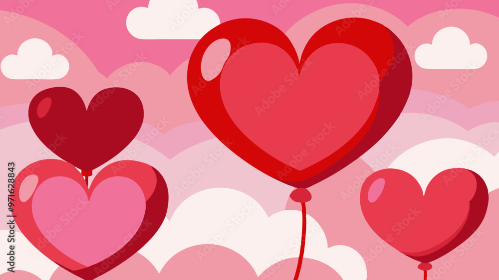 Red Heart Balloons in the Sky, Pink and Red, Love Celebration Red Heart Balloons in the Sky, Pink and Red, Love Celebration