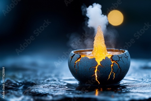 A miniature geyser erupting from a cup, with steam rising and small cracks forming along the cupâ€™s surface, symbolizing the raw energy of the Earth photo