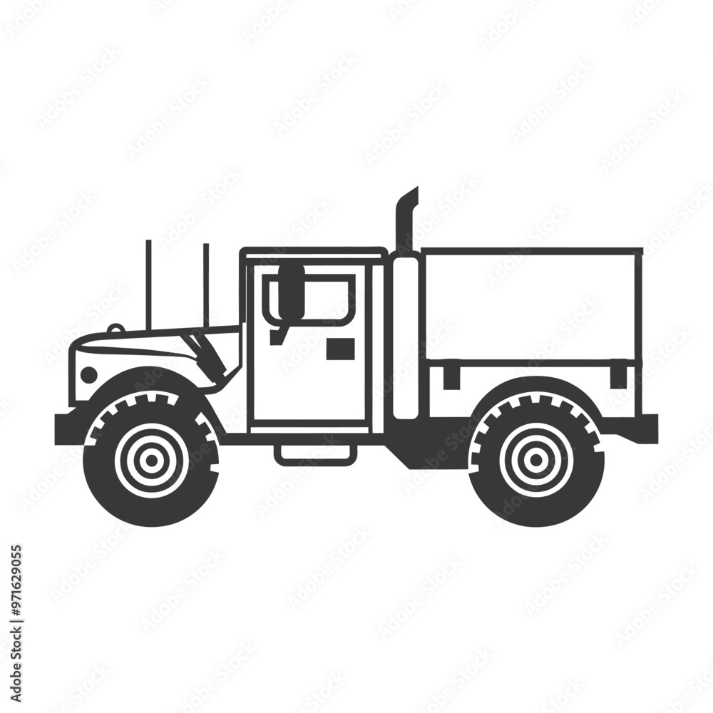 Black and White Side View Illustration of a Military Truck Black and White Side View Illustration of a Military Truck