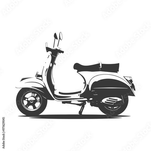 Black and white silhouette illustration of a classic scooter