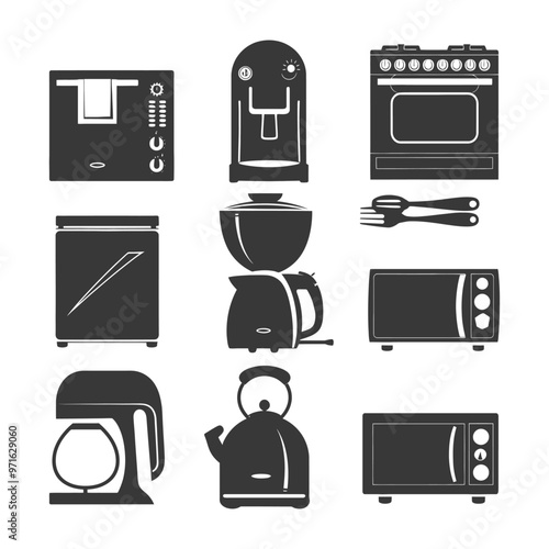 Black and White Silhouette Icons of Kitchen Appliances