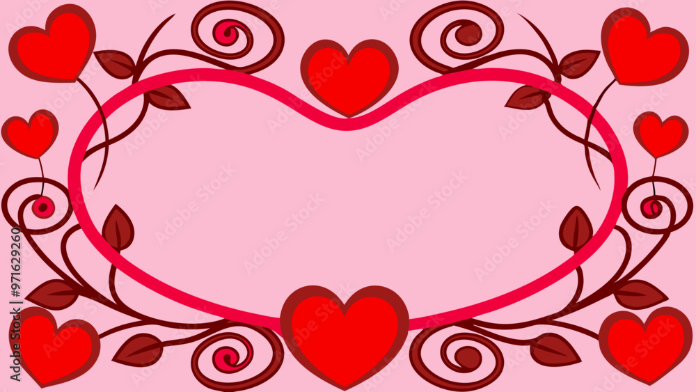 Heart Frame with Floral Swirls, Pink Background, Valentine’s Day Illustration