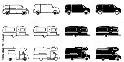 Set of Campervans, Caravans and Motor Homes in Black and white, white and black and knockout versions with a transparent outline