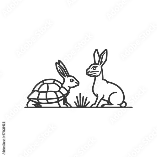 Black and White Line Drawing of a Tortoise and a Rabbit