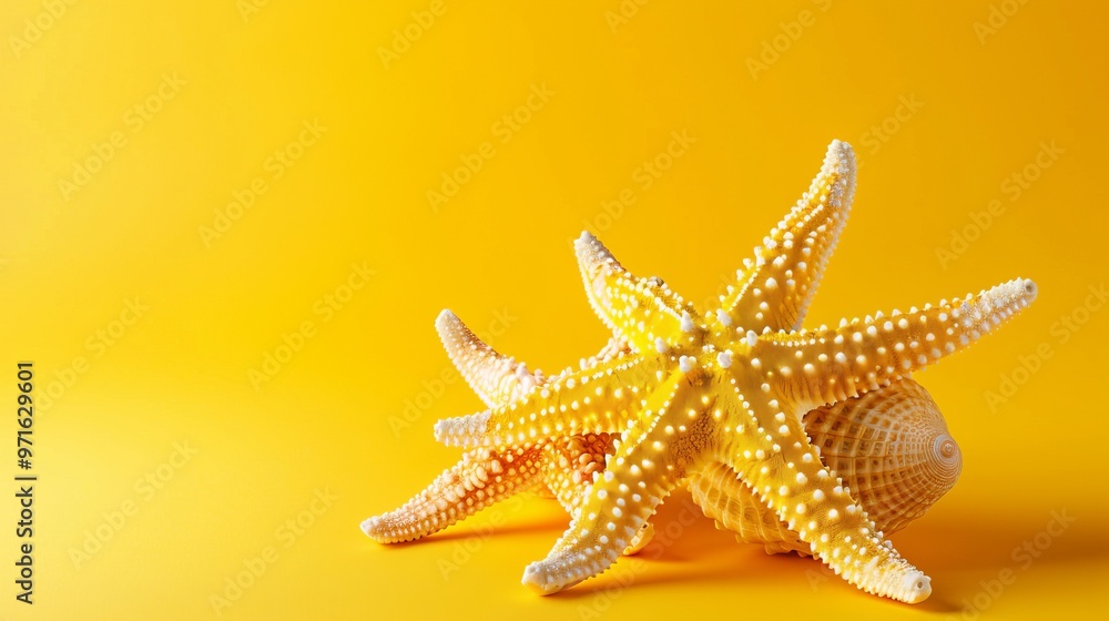 Vibrant Starfish on Yellow Background - Perfect for Summer-Themed Projects Vibrant Starfish on Yellow Background - Perfect for Summer-Themed Projects