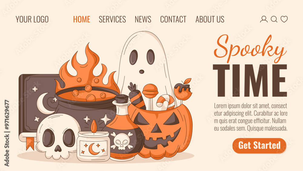 Fototapeta premium Halloween landing page vector layout. Holiday flat illustration with ghost, pumpkin, sweets, spell book, cauldron and bottle with potion, candle, skull. For website, web page, online, banner, party.