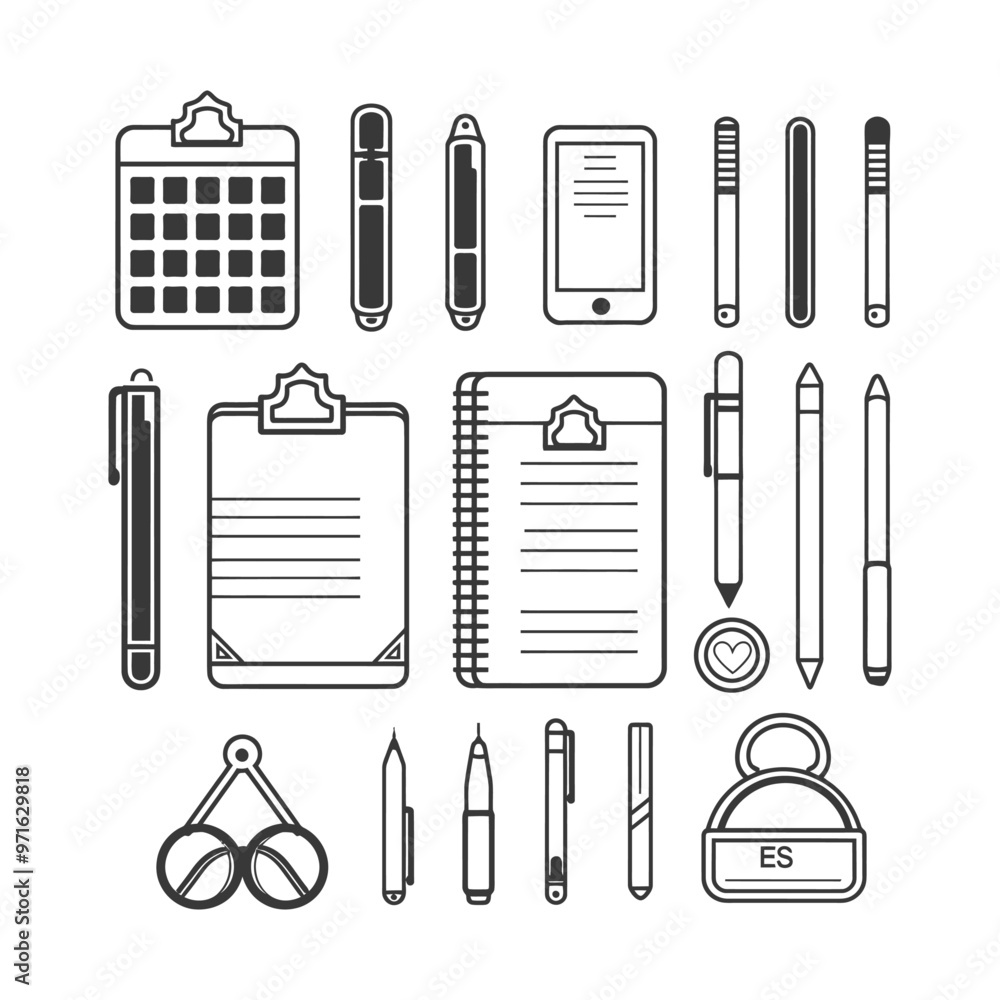 Black and White Outline Icons of Office Supplies