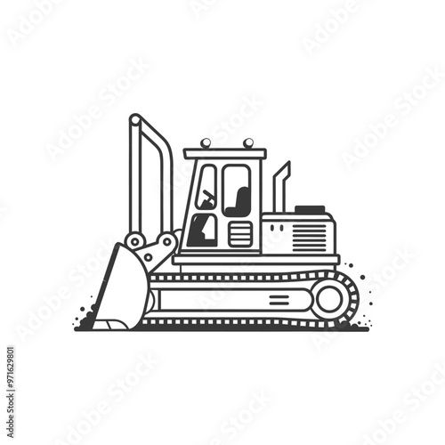 Black and White Outline Illustration of a Bulldozer