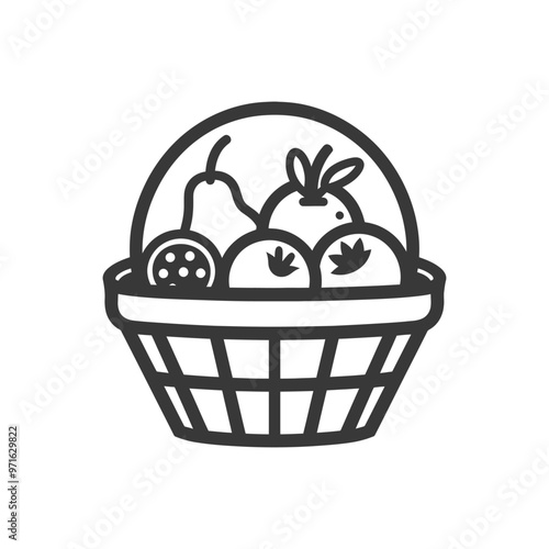 Black and White Outline Illustration of a Basket of Fruit