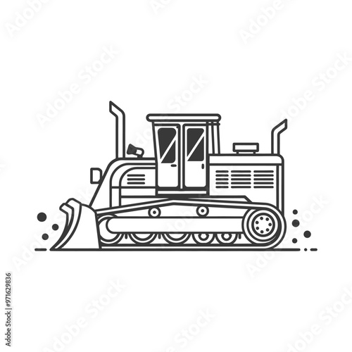 Black and white outline illustration of a bulldozer