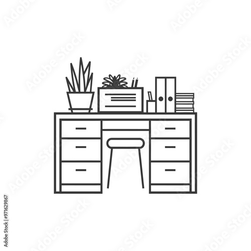 Black and white outline illustration of a desk with drawers a stool a pencil holder and plants